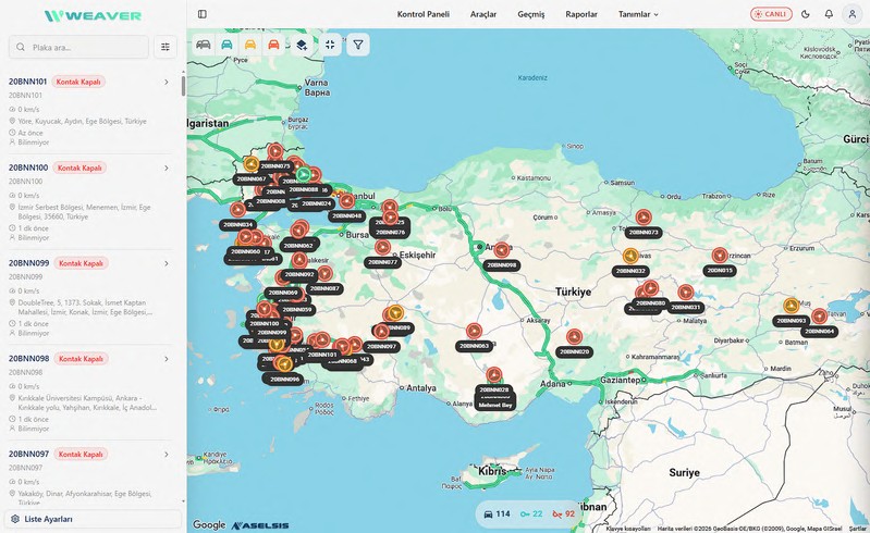 Weaver araç takip web paneli — Anlık konum takibi